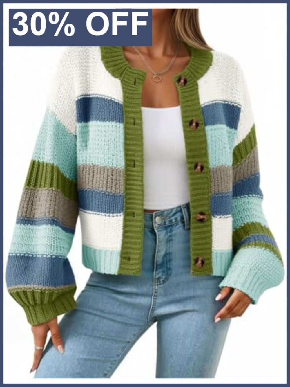 Striped Chunky Cardigan Oversized Loose Fit Button Down Lantern Sleeve Knit